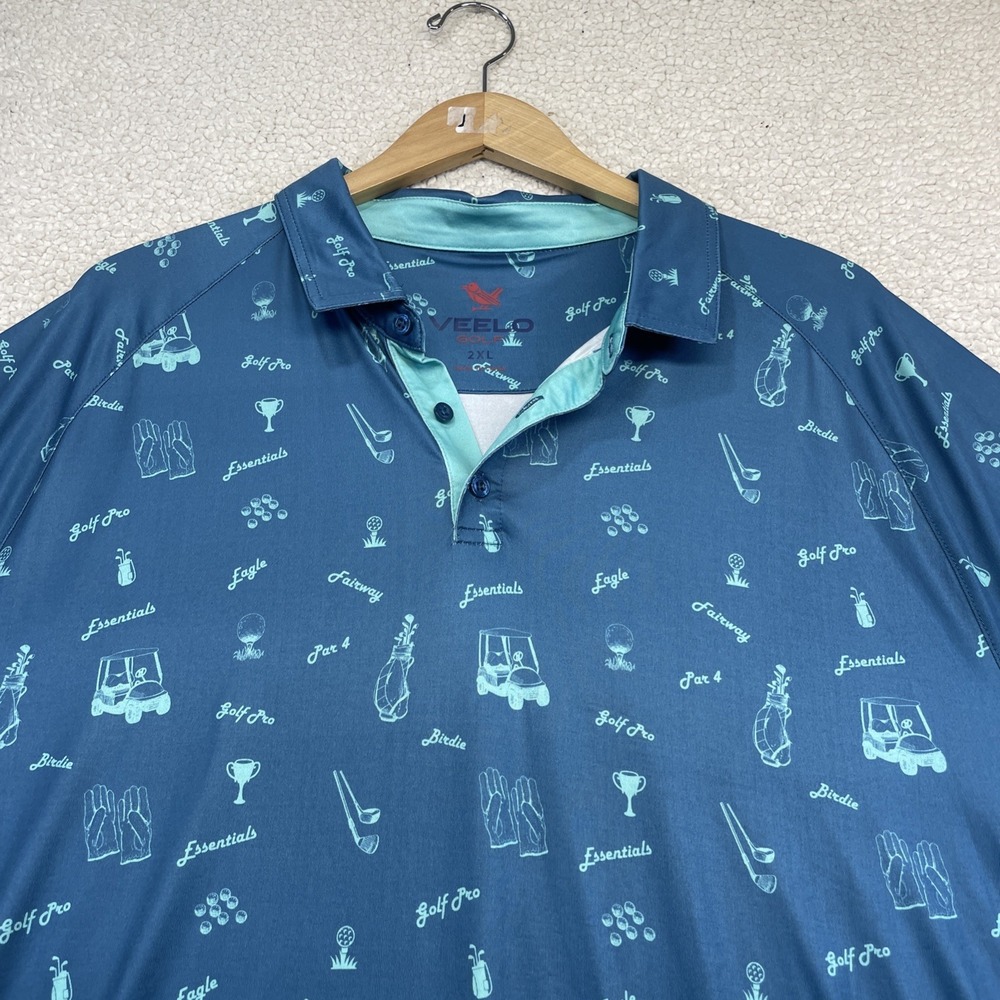 Veelo Golf Polo Mens 2XL Blue Golf Cart Print Short Sleeve‎ Performance Shirt